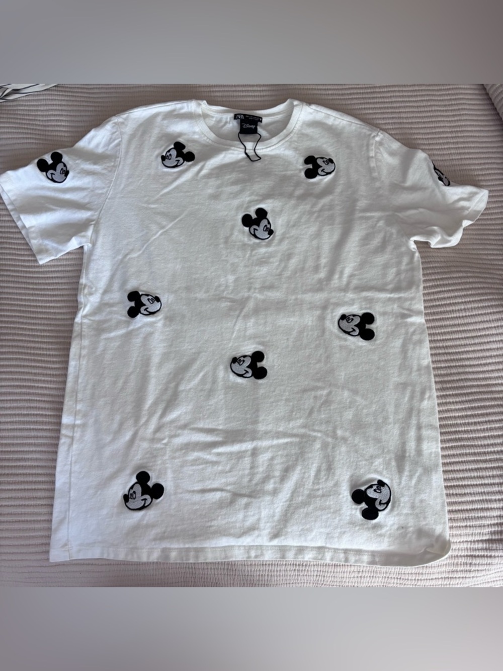 Zara Disney White Tee with Black Mickey Head Pattern NWOT L